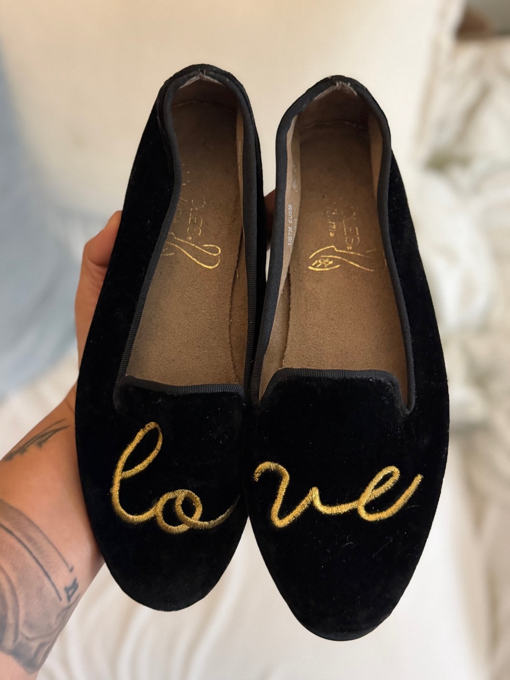 AEROSOLES Black Velvet Loafers with Gold 'Love' Embroidery